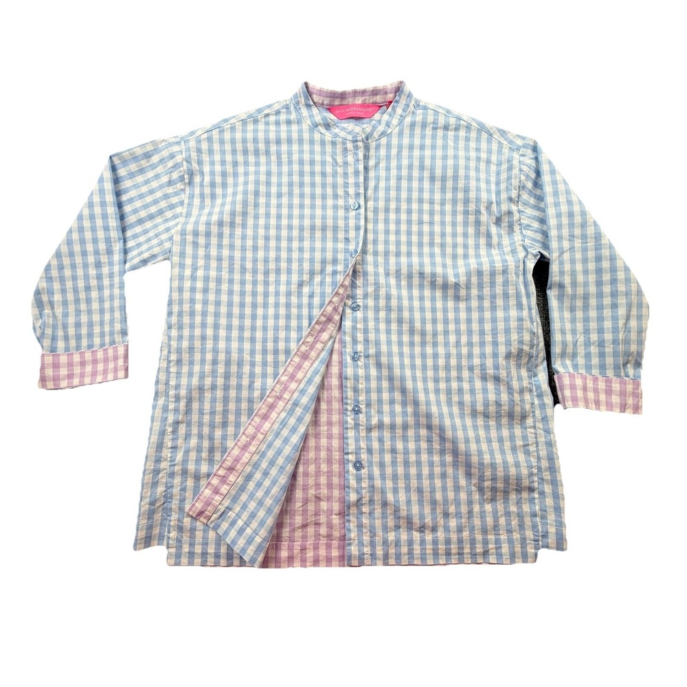 Isaac Mizrahi Live Gingham Shirt Blue Pink Button‎ Front Size 10